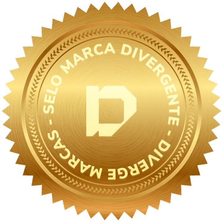 Selo Marca Divergente, dourado, com o símbolo da Diverge ao centro